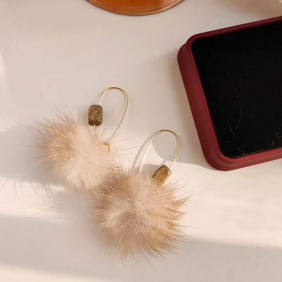 Furry Fur Ball Wood Hook Earrings - Picture 13 of 13